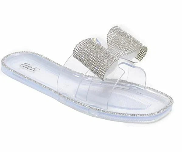 H2K Lucia Silver Fashion Jelly Slides Flip Flops Bow Sandals Bling Open Toe New