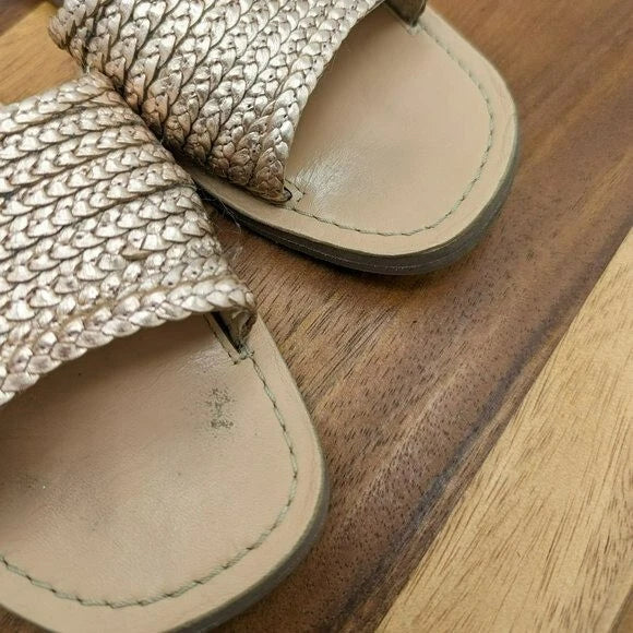 Chinese Laundry Moonshine Slide Sandals 9 Leather Rose Gold Woven Top Flat Comfy