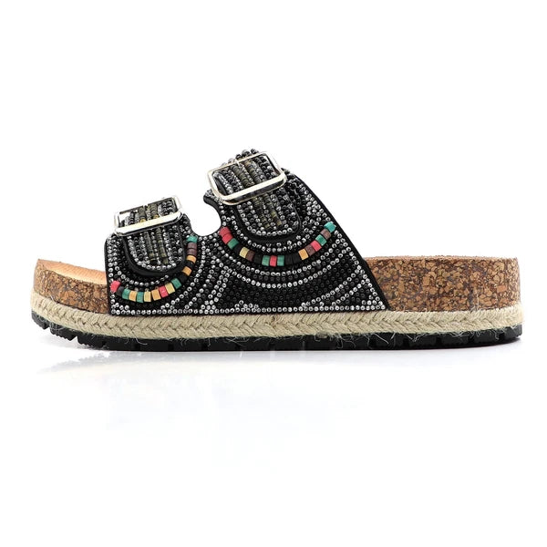 Glaze Women's Beaded Rhinestone Sandal Buckle Cork Footbed Slides Bohemian Style