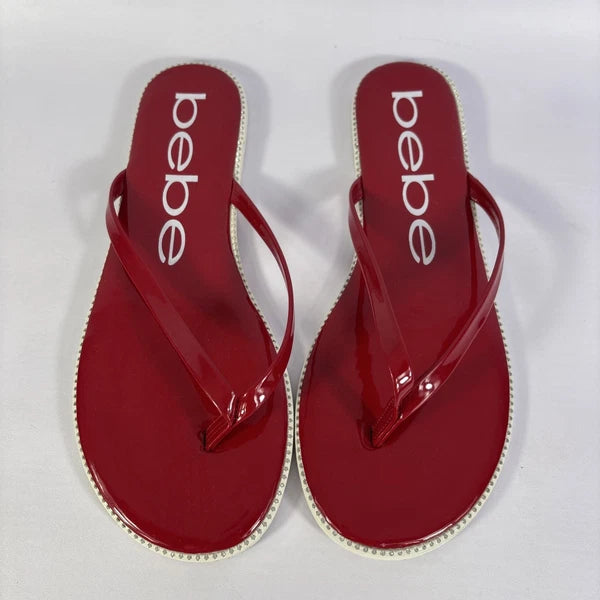 Bebe Ileana Red Patento Womens Size 7.5m Dark Red Flat Slip On Flop Style Slides