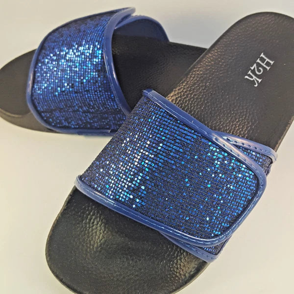 H2K ANNA Glitter Royal Blue Fashion Slides Flip Flops Sandals Bling Glittering