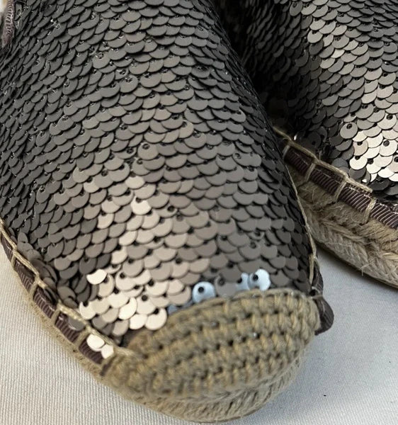 Sam Edelman Kerry Slip On Espadrille Slide Mule Flats Pewter Sequins. NWOB
