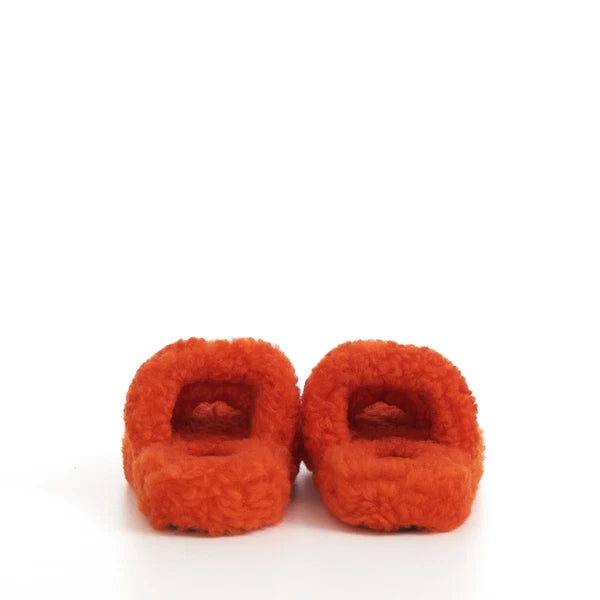 CELINE 730$ Fluffy Shearling Triomphe Fur Slide Sandals - Bright Orange, Patch