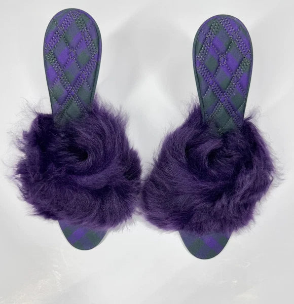 BURBERRY SANDALS MINNIE SHEARLING SLIDE PURPLE STILETTO HEEL WOMENS EU 39 US 9
