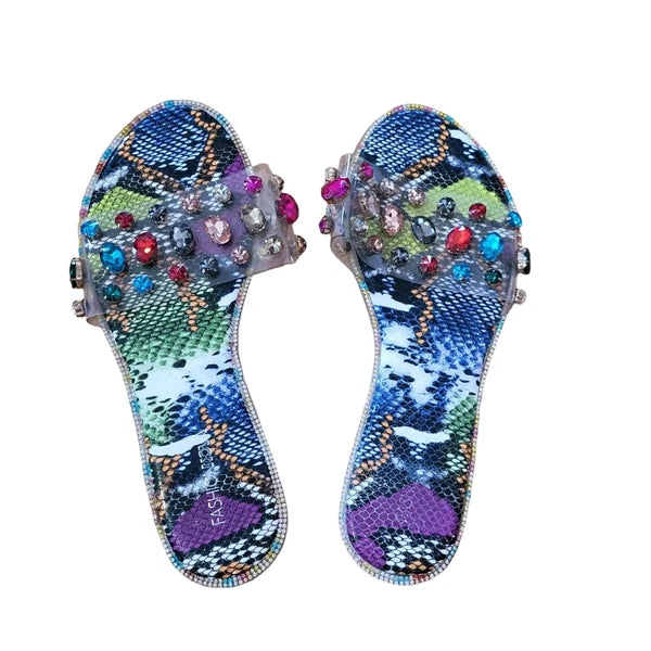 Fashion Nova Jewelled Colorful Faux Snakeskin Slides Size 10