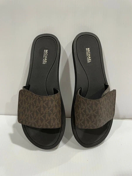 Michael Kors Wade Slide MK Signature Logo Sandals Adjust Closure Brown SZ 11 New