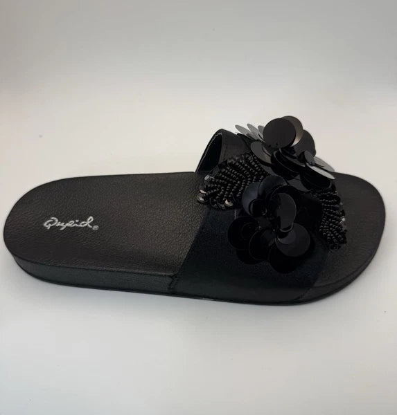 Qupid Women's Fashion Satin Black Flower Slides Sandals Flip Flops Sz 9 New