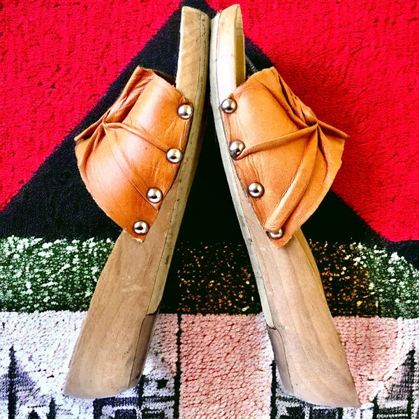 SALPY Handmade Shoes Orange Leather Wooden Mule Style Anna Womens size 7