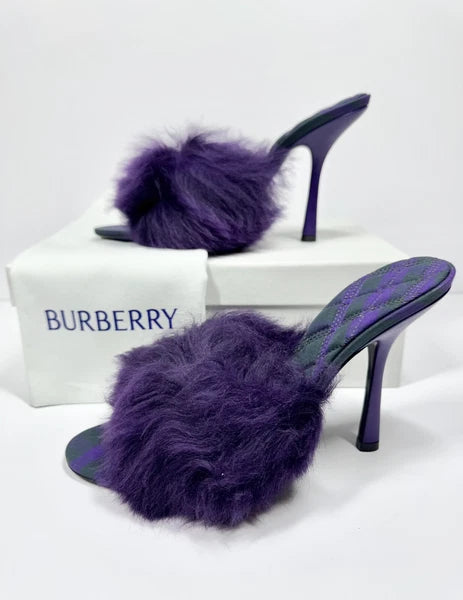 BURBERRY SANDALS MINNIE SHEARLING SLIDE PURPLE STILETTO HEEL WOMENS EU 39 US 9