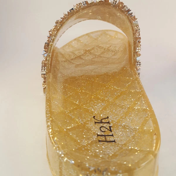 H2K CANDY Rose Gold Color Glitter Beads Fashion Slides Flip Flops Sandals Bling
