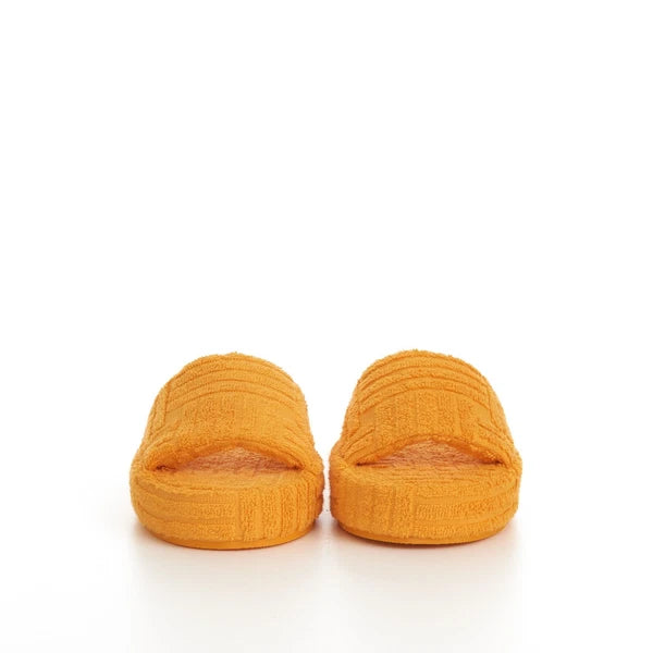 BOTTEGA VENETA 600$ Sponge Slide Sandals - Tangerine Orange Cotton & Rubber