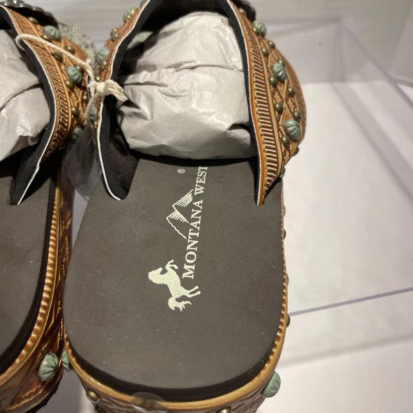 Montana West Tan/Brown Embossed Studs Western Style Wedge Sandals Sz8-8.5