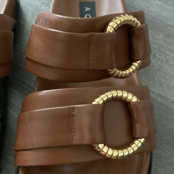 Aqua Bloomingdales Leather Arizona Style Slides Womens 6.5 Brown Gold Black $128