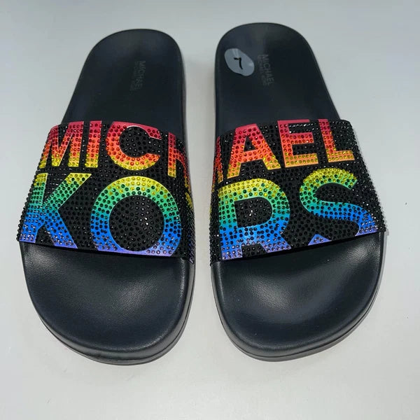 Michael Kors Slides Womens Rhinestones Rainbow Black Bling Sparkly Pride Gilmore