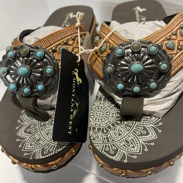 Montana West Tan/Brown Embossed Studs Western Style Wedge Sandals Sz8-8.5