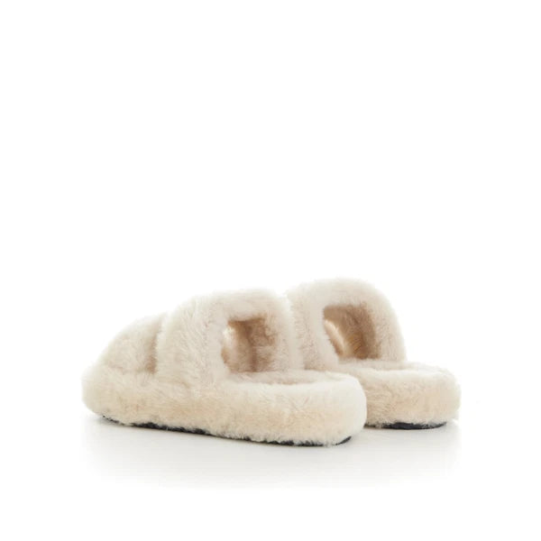CELINE 870$ Triomphe Open Shearling Fur Slide Sandals - Signature Leather Patch