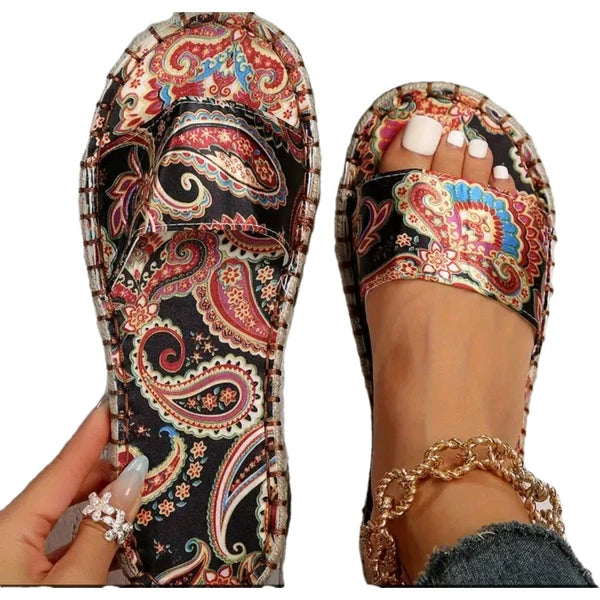 Summer 2025 Fashionable Women's Open-Toe Slide Sandals Vibrant Paisley...