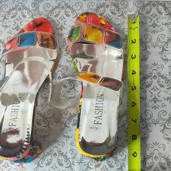 Fashion Multicolor Jeweled Block Heel Slides Slip On Shoes Sandals Size 8 / 39