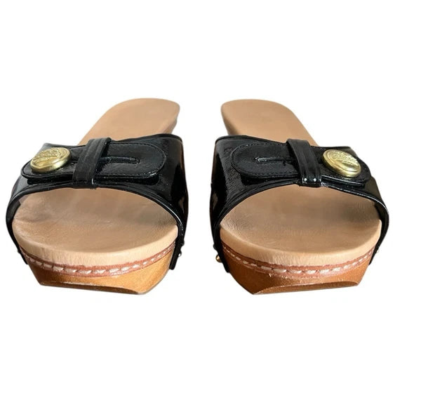 Auth COACH LEE BLK CRINKLE PATENT WOOD SLIDES CLOG SANDAL  SLIP ON  ~ Size 8.5B