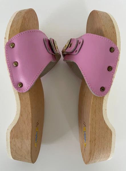 Dr. Scholl's The Original Wooden Sandals Slides Pink Leather Size 7 Italy New