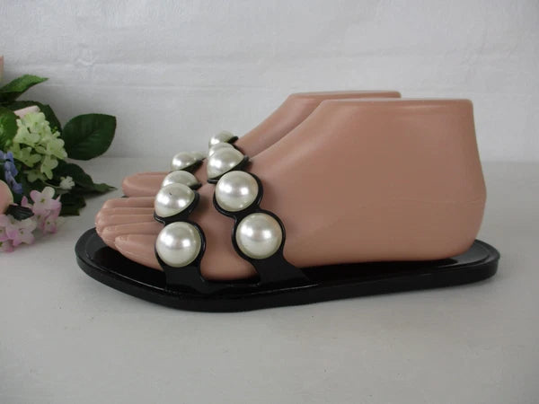 NWT London Rag Black Jelly & Faux Chunky Pearl Fashion Slide Sandals size 6 / 37