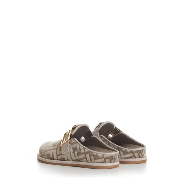 FENDI 995$ Dove Gray Chenille Sabots Sandals - FF Motif / FF Buckle