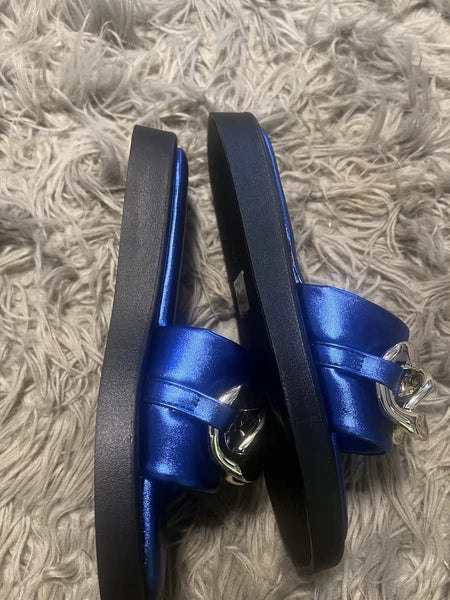 H2K Silver Chain Size 10 Royal Blue Fashion Comfort Soft Slides Sandals Open Toe