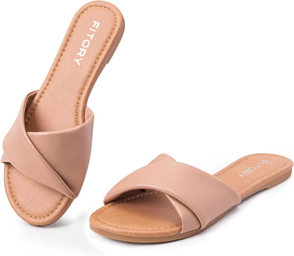 Women'S Flat Sandals Fashion Slides with Soft Leather Slippers for Summer Size 6