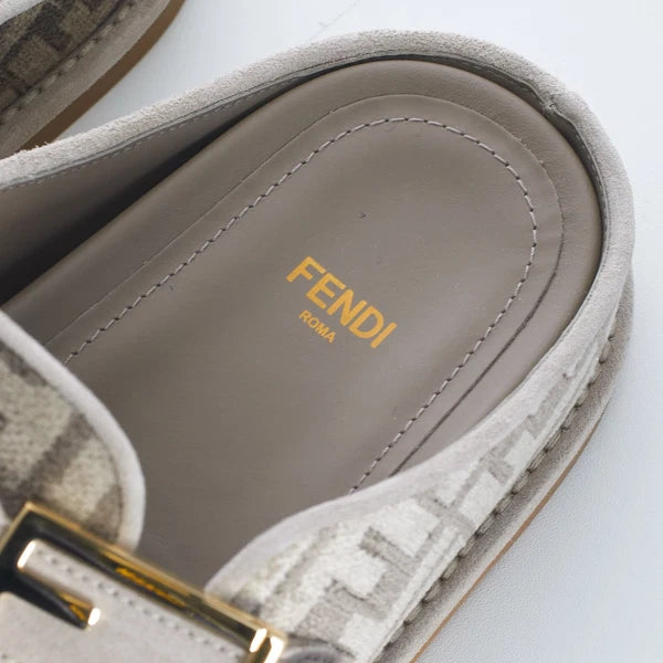 FENDI 995$ Dove Gray Chenille Sabots Sandals - FF Motif / FF Buckle
