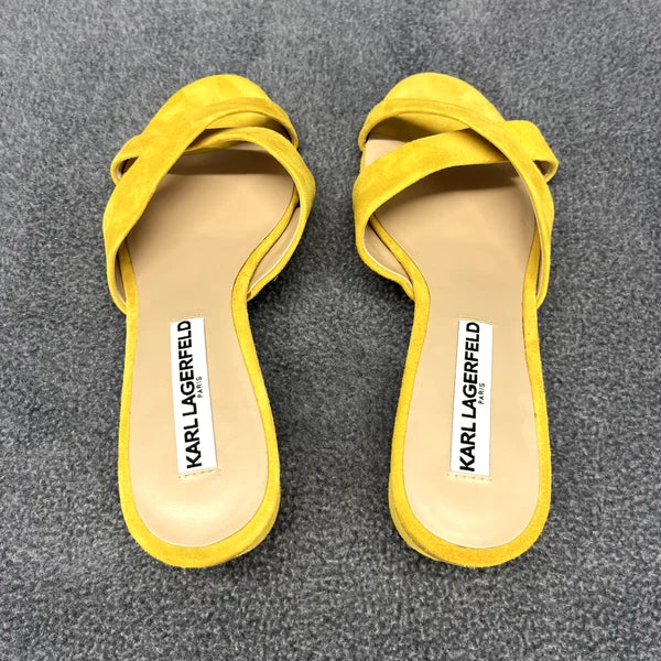 Karl Lagerfeld Sandals Women 7 M Yellow Suede Fawn Canary Slide 2" Block Heel
